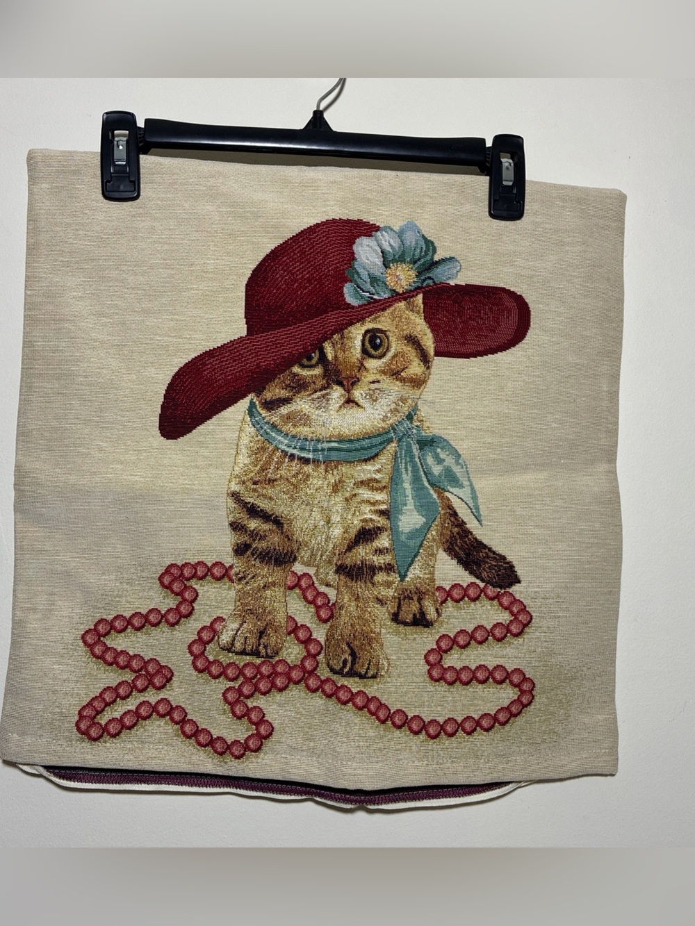 Classy Cat Tapestry Pillow Cushion Cover 17x17 Hat Pearls Bow Dress Up
